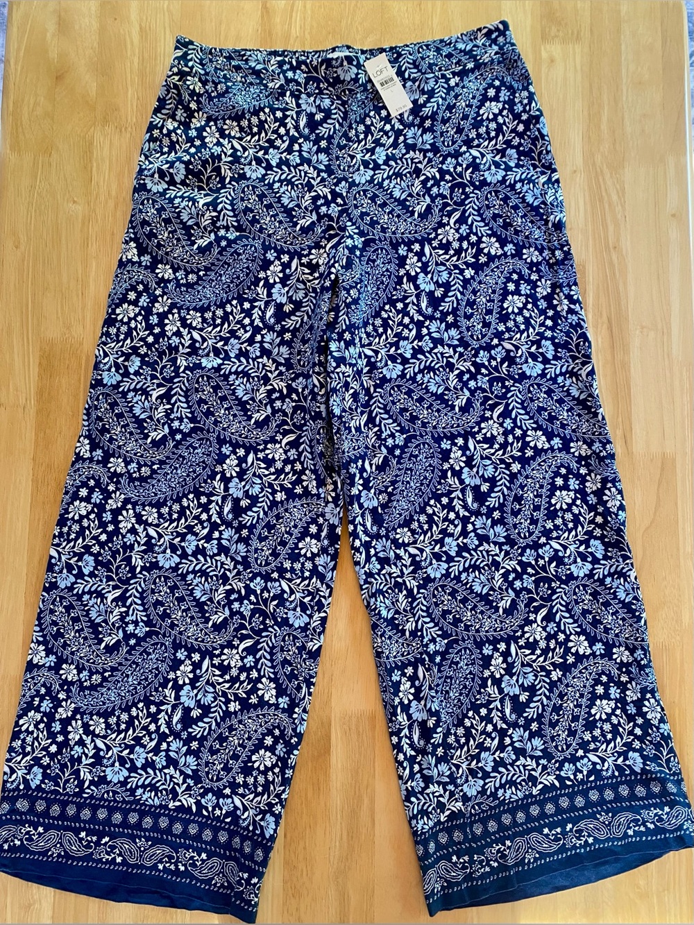 LOFT Floral Wide Leg Linen Pants Navy Blue Paisley